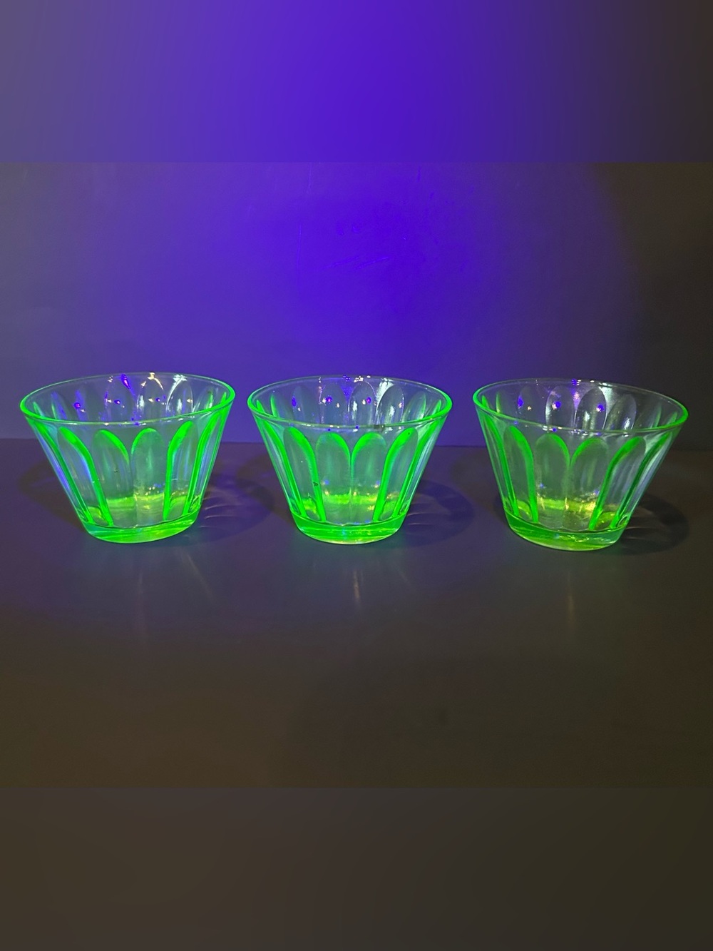 Hazel Atlas Set of 3 Vintage Uranium Glass Custard Fruit Nut Bowls